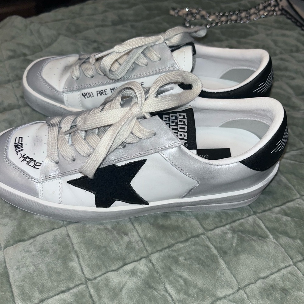 Golden Goose White, Silver and Black Star Sneakers